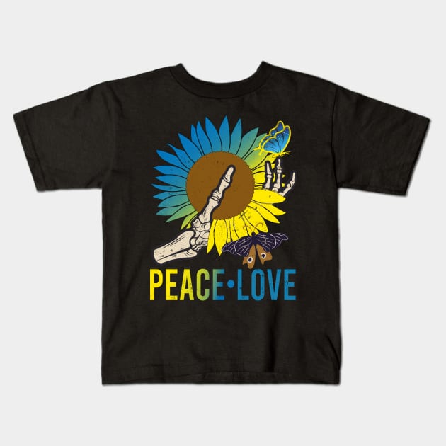 Skeleton Hand Sunflower Butterflies Peace Love Kids T-Shirt by alcoshirts